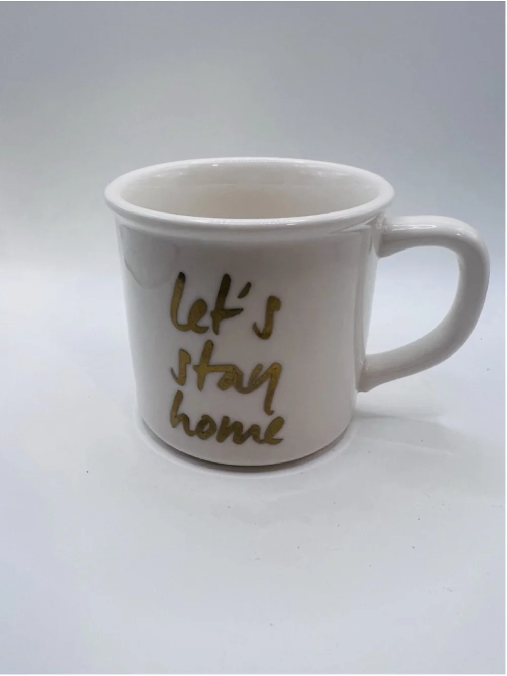 Pottery Barn Let's Stay Home Coffee Mug White Gold Accent Ceramic Tea Cup
